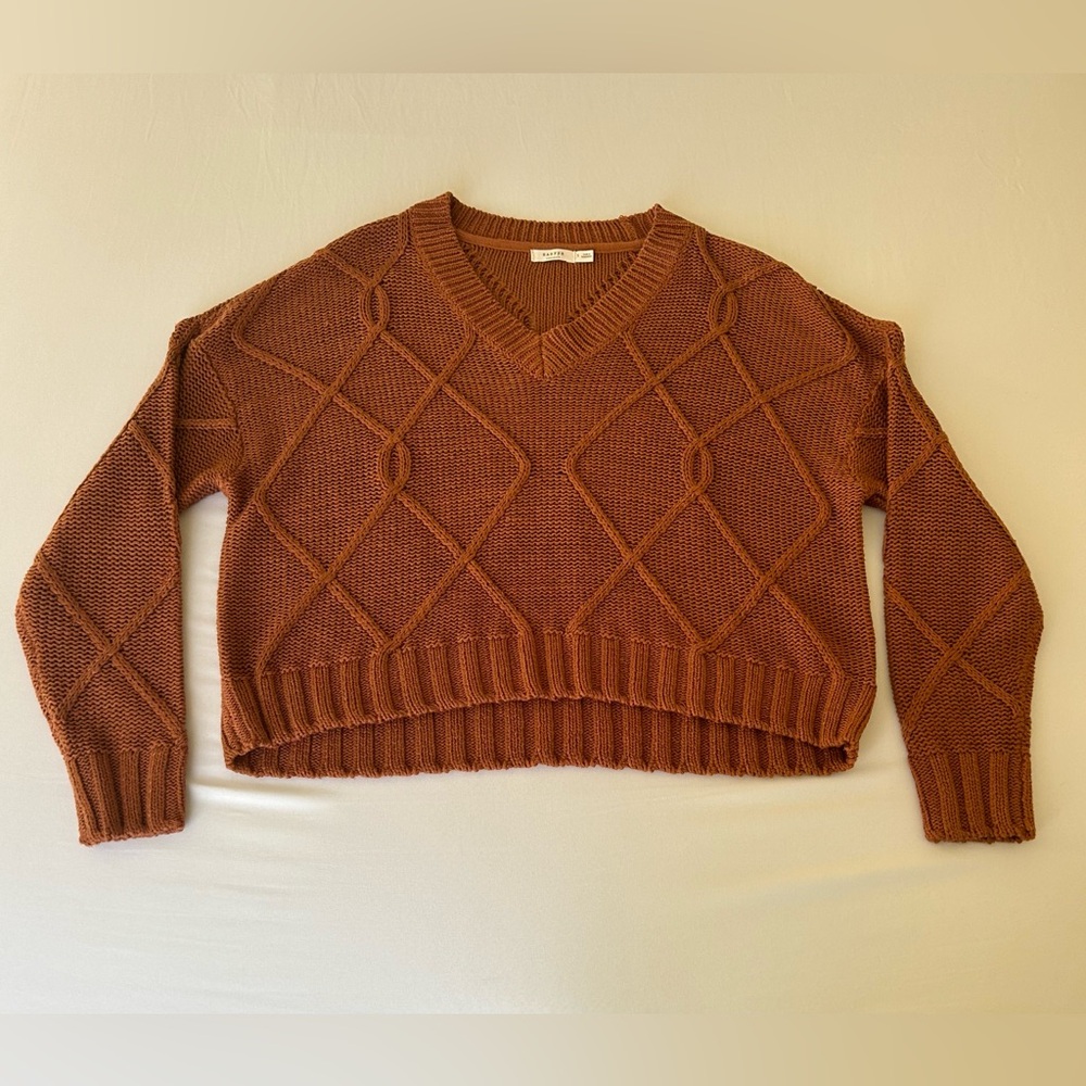 Rust Cable Knit V-Neck Sweater